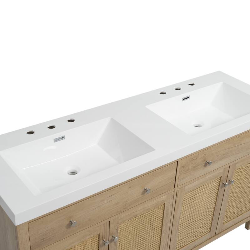 Christopher Knight Home - Bellmere 60" Modern Double Sink Bathroom Vanity with SMC Sink, Soft-Close Storage, and Solid Wood Legs