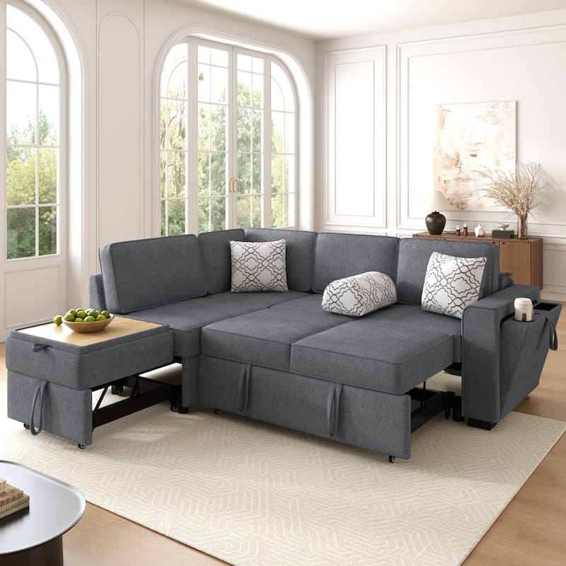 L-Shaped Sectional Sofa Convertible Sofa Bed with Dual Pull-Out Sleepers Sofa, Flip-Top Table, USB Ports, Cup Holder and Storage - Dark Grey