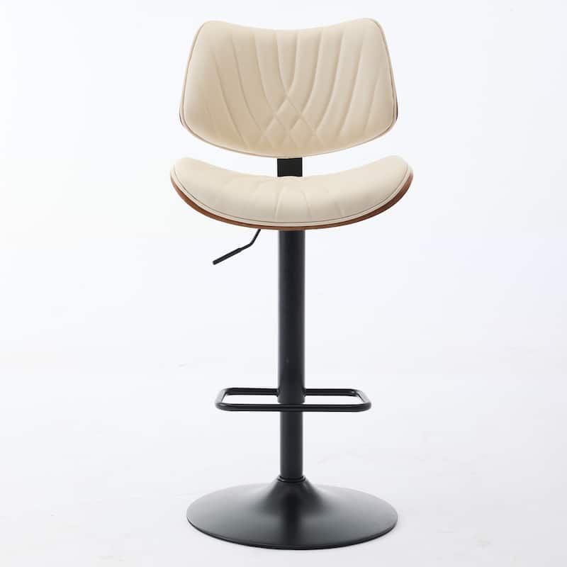 Set of 2 Walnut Bentwood Bar Stools Mid Century Modern with Leather Upholstery, Adjustable 360° Swivel - Beige