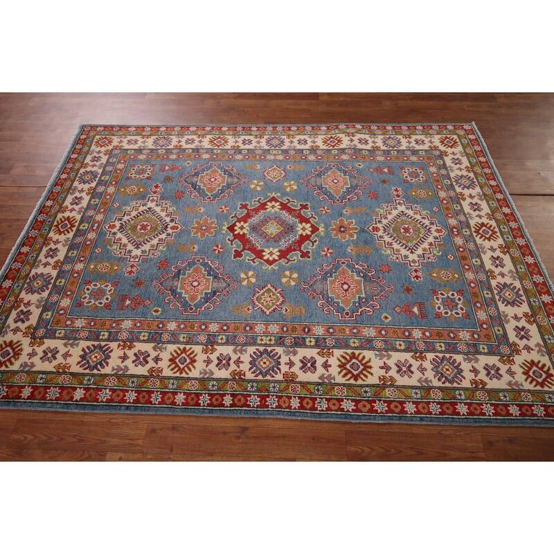 Kazak Blue Area Rug Hand-Knotted Wool Carpet - 4'11" x 6'11"