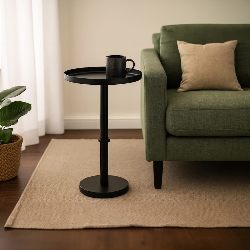 Ara 22 Inch Side End Table, Vintage Sleek Pillar Base, Round Tray Top Matte Black - Black - Iron