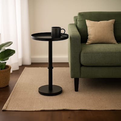 Ara 22 Inch Side End Table, Vintage Sleek Pillar Base, Round Tray Top Matte Black