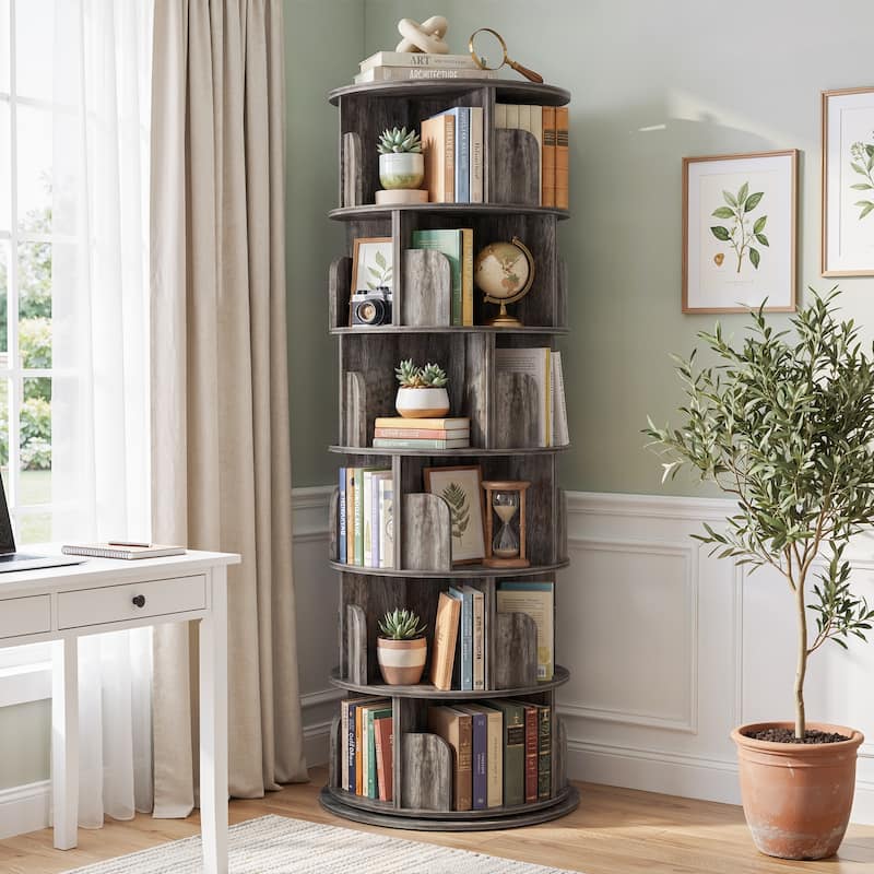 4/5/6 Tiers Round Rotating Bookcase, Revolving Floor Standing Bookshelf Corner Organizer Display - Gray-6T
