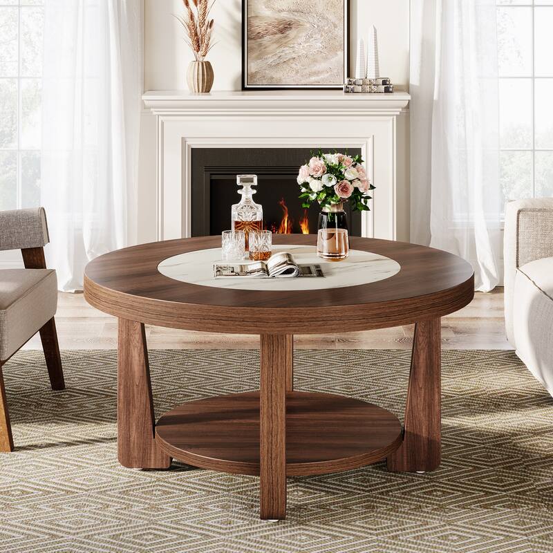Brown/ White Wood Round 2-Tier Coffee Table for Living Room - Brown+White