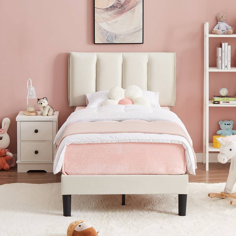 Javlergo Velvet Upholstered Platform Bed Frame with Adjustable Headboard - Beige - Twin