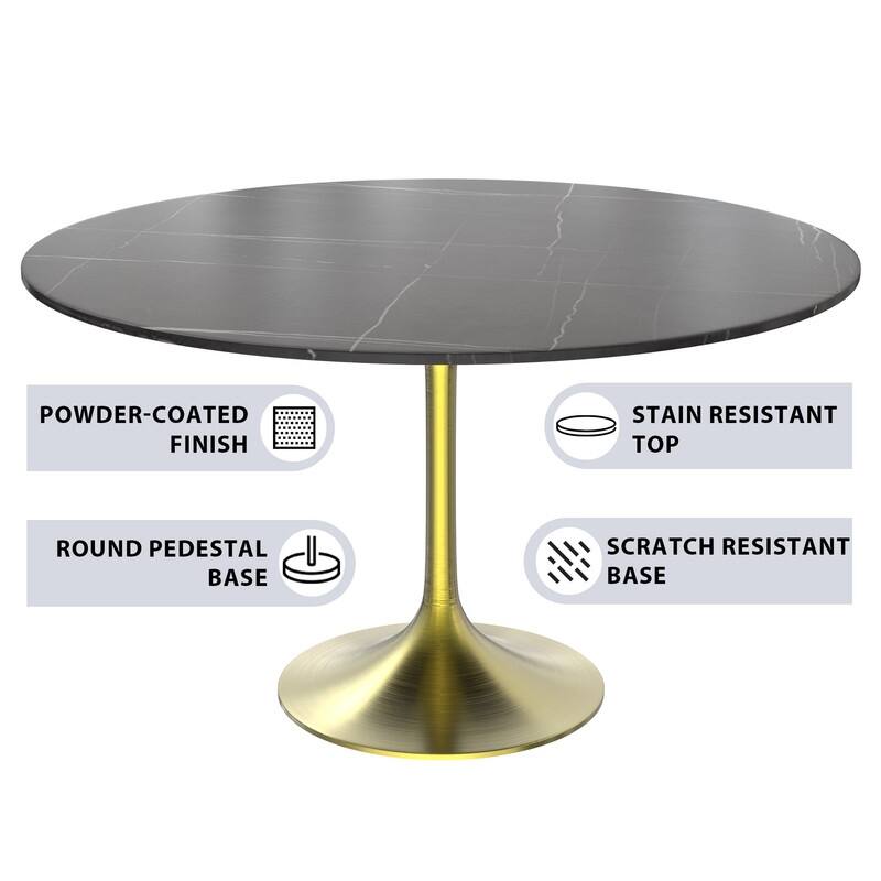LeisureMod Verve 48" Round Dining Table with Sintered Stone TableTop and Brushed Gold Base for Kitchen & Dining Room