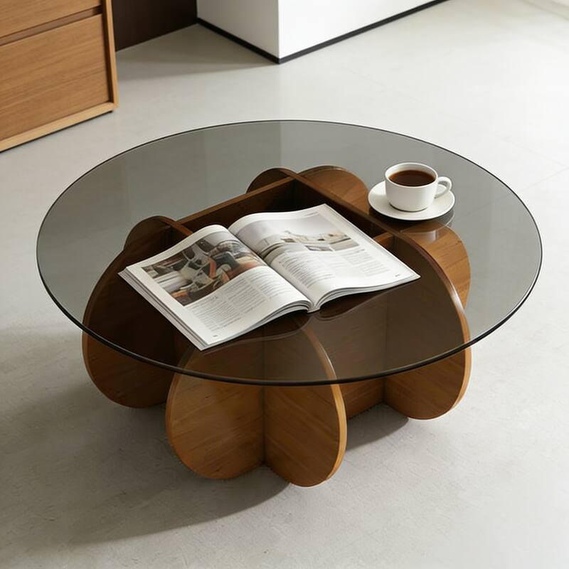 32" Round Mid-Century Coffee Table with Tempered Glass Top