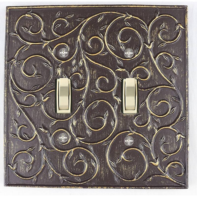 Meriville French Scroll 2 Toggle Wallplate, Double Switch Electrical Cover Plate - Bronze