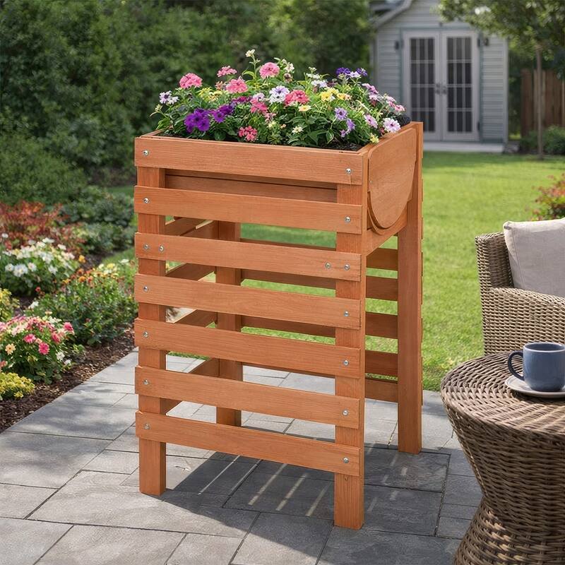 Outdoor Planter with Standing Slatted Design, Natural Brown Fir Wood