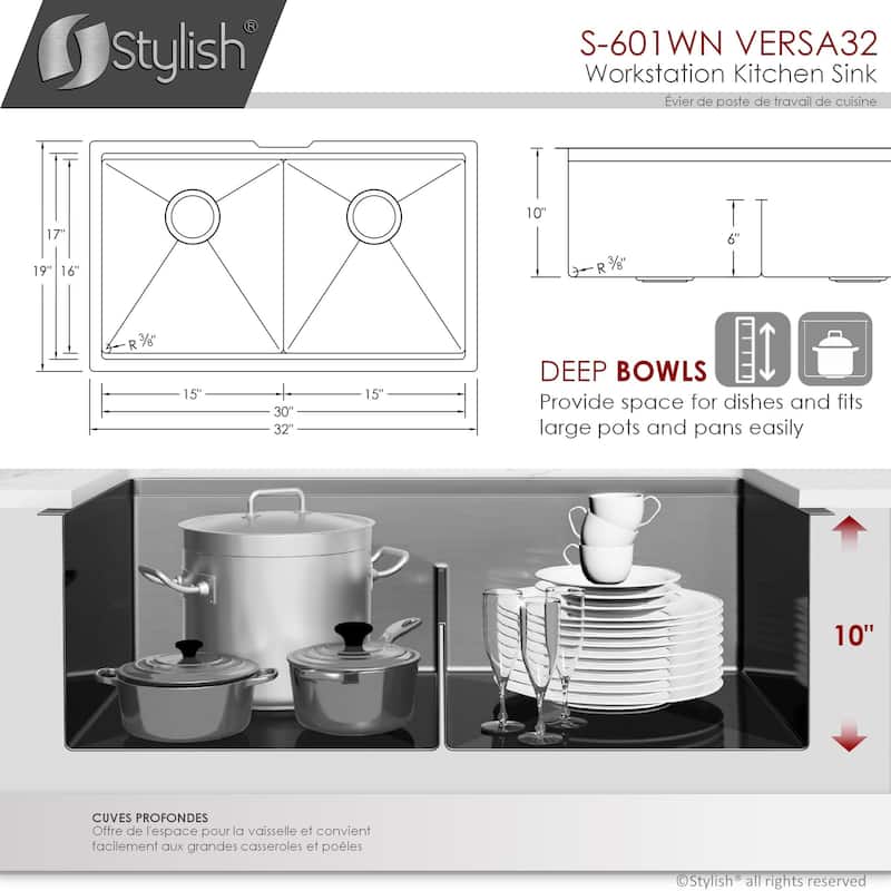 Stylish Undermount 32" Stainless Steel Double-Bowl 16G Kitchen Sink - 32" x 19" x 10"
