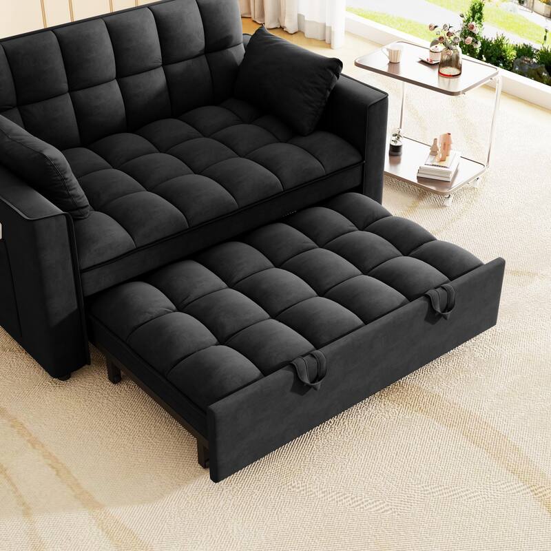 Velvet Convertible Sofa Bed with Pockets, Loveseat Sleeper Sofa Couch with Pull-Out Couch and Wood Frame