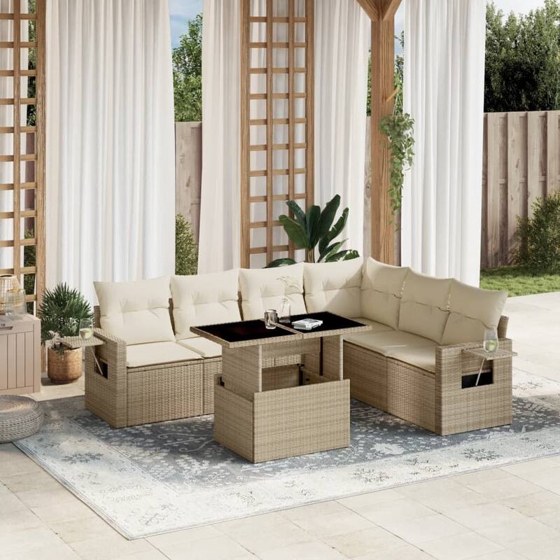 vidaXL Patio Sofa Set with Cushions Outdoor Furniture 7 Piece Poly Rattan - 21.7 x 39.4 x 28.7 - Beige and Cream-without storage