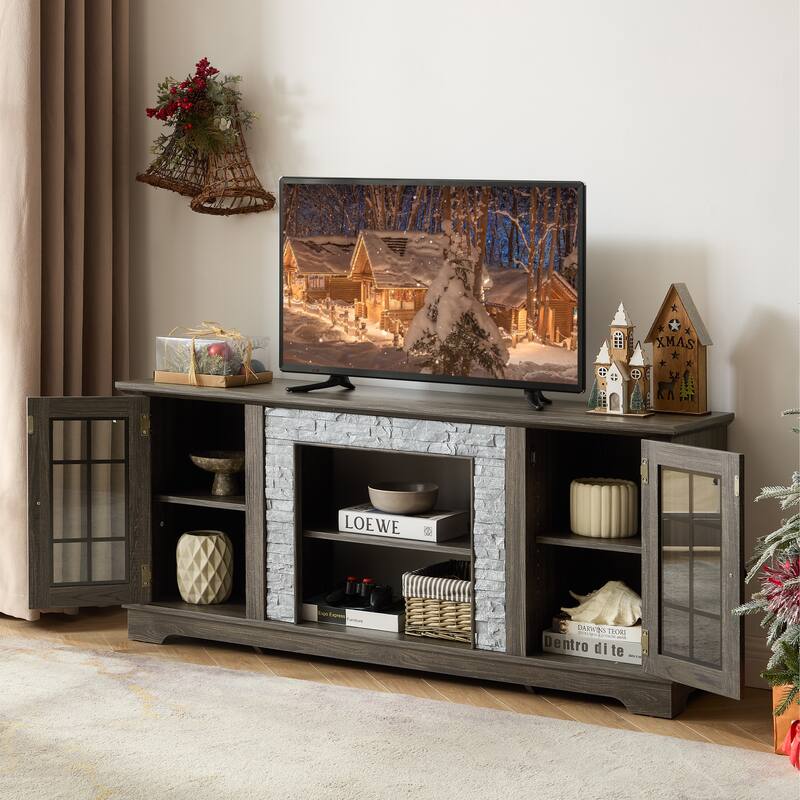 TV Stand with Cable Management Cutouts, Faux Stone Media Console Cabinet, 2 Door Entertainment Center for TVs up to 65''
