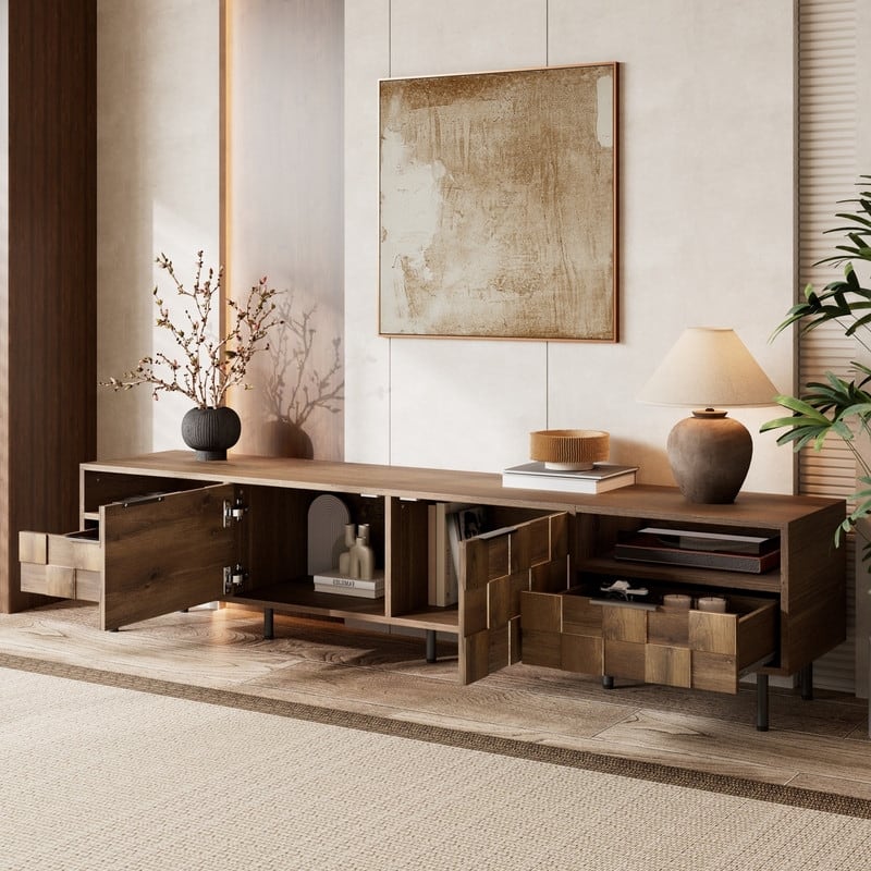 Modern 78.7" TV Stand for TVs up to 85", Entertainment Center Media Console Table with Storage Cabinet, Open Shelf And 2 Drawers