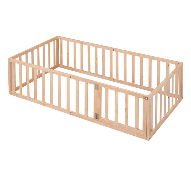 Twin Size Wooden Floor Bed Frame with Fence and Door, Natural Finish