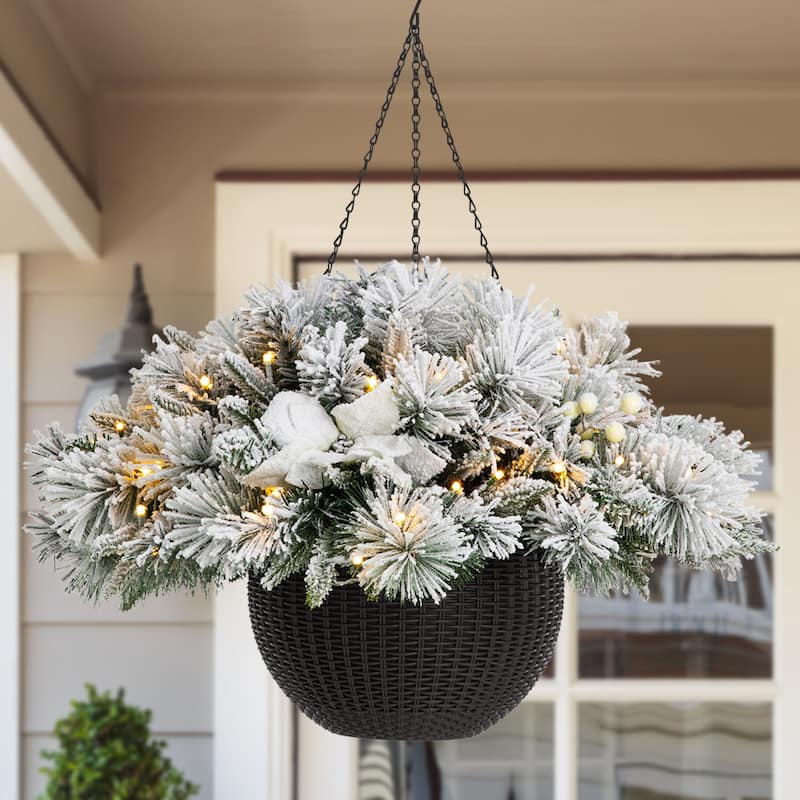 Glitzhome 2PK Pre-Lit Flocked Christmas Artificial Floral Hanging Baskets with Timer