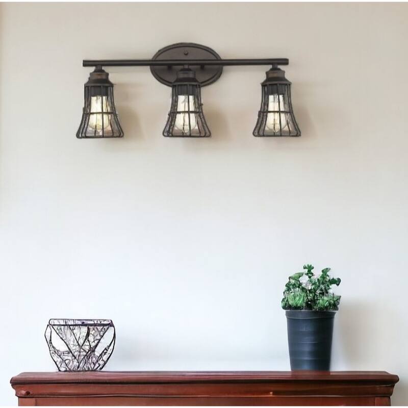 Bronze Cage Vanity Wall Light with 3 LED Compatible Lights Flush Mount and Damp Location Rated - 9.25"H x 23.25"W x 6.25"D