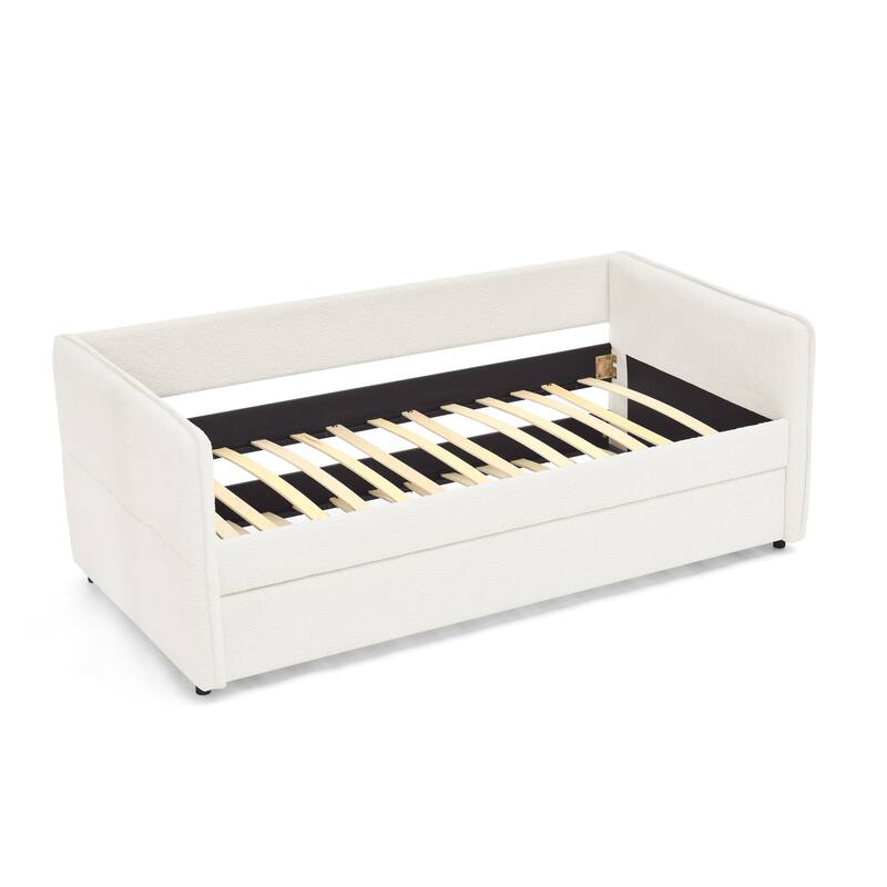 Daybed with Trundle Upholstered Tufted Sofa Bed, Twin Size, Boucle Fabric, Beige (83"x43"x29.5")