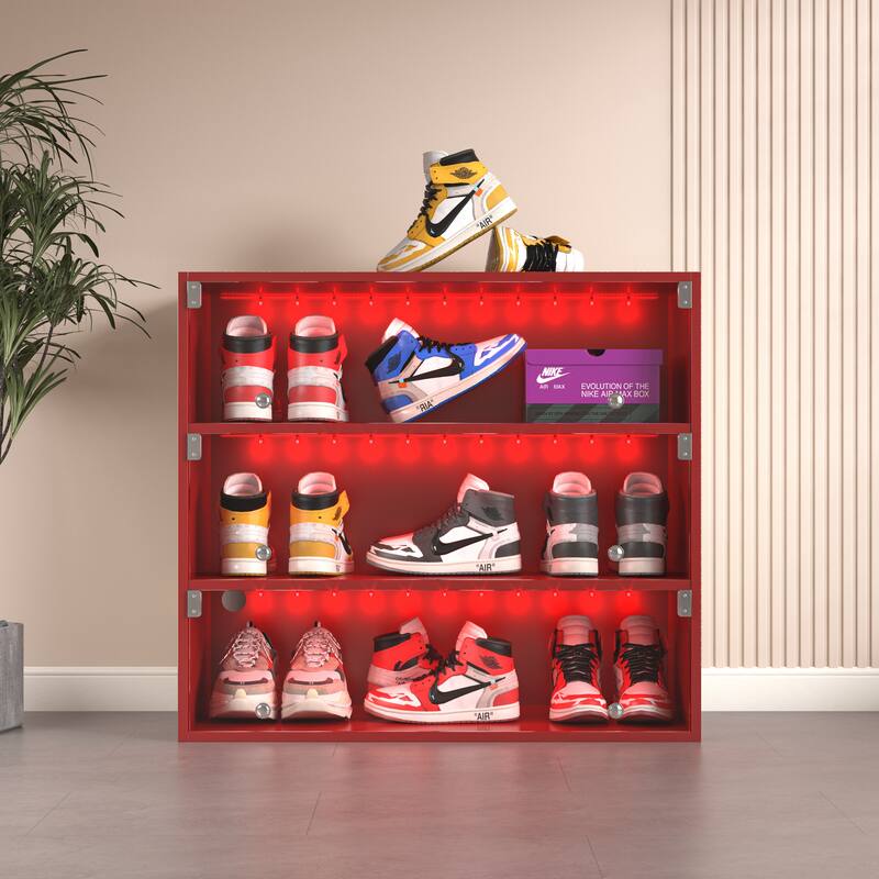 Shoe Cabinet with RGB LED Light, Stackable Bin Shoe Display Case with Glass Door