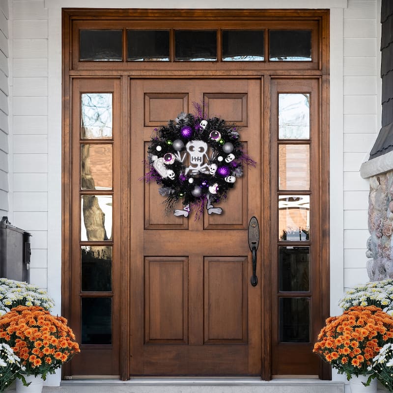 Purple and Black Spooky Skeleton Pine Halloween Wreath, 24-Inch, Unlit