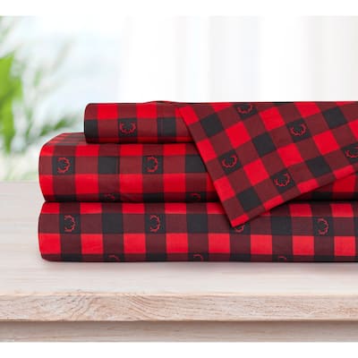 Printed 4 Piece King Buffalo Plaid Deer Antlers Sheet Set