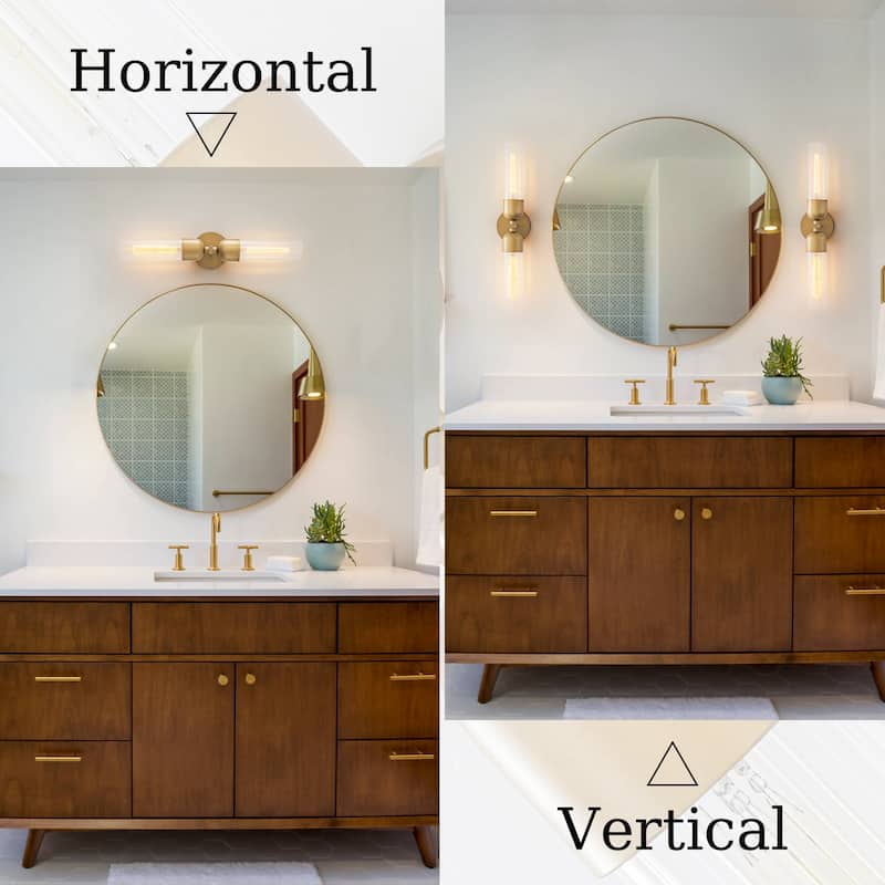 Modern 2-Light Wall Sconce with Ribbed Glass Tube Shades - Brass - 5" W x 4.6" D x 23.4" H