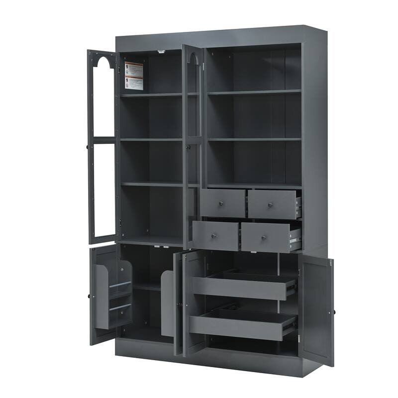 Roomfitters 75 Inch Tall Kitchen Pantry Buffet Hutch with 4 Drawers and Glass Doors, Shaker Style