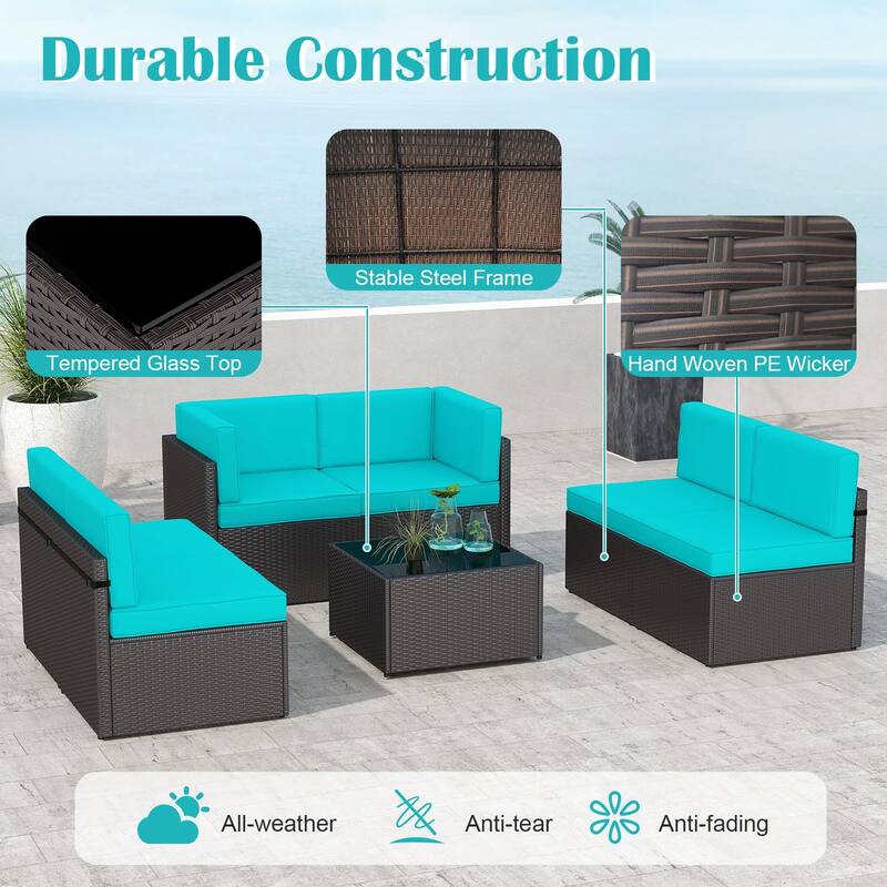 7PC Outdoor Patio Furniture Set, Wicker Patio Sectional Furniture Set with Coffee Table & Cushion for Garden, Backyard, Poolside