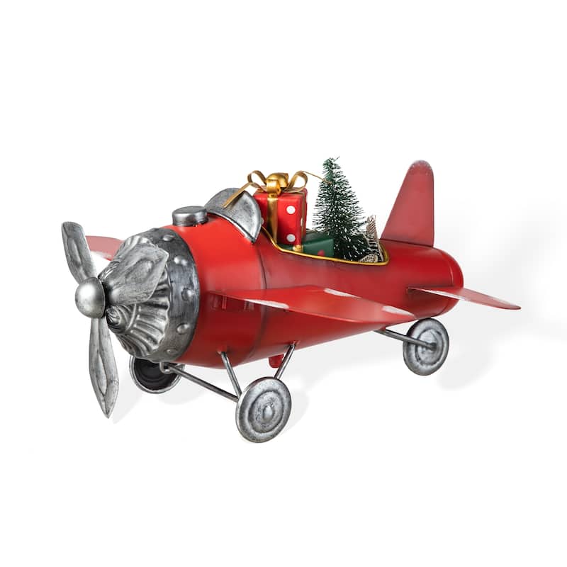 Glitzhome 14"L Christmas Metal Airplane with Gifts Table Decor