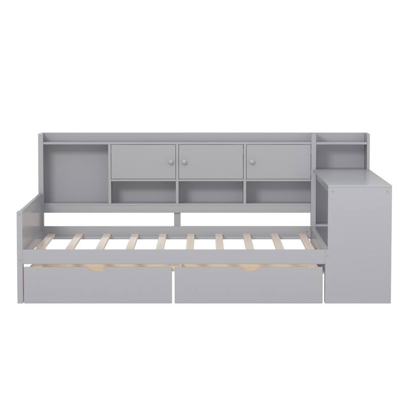 Full Size Daybed with Storage 3 Cabinets and 2 Drawers, Wooden L-Shape Daybed Frame with Study Desk and Built-in Bookshelf