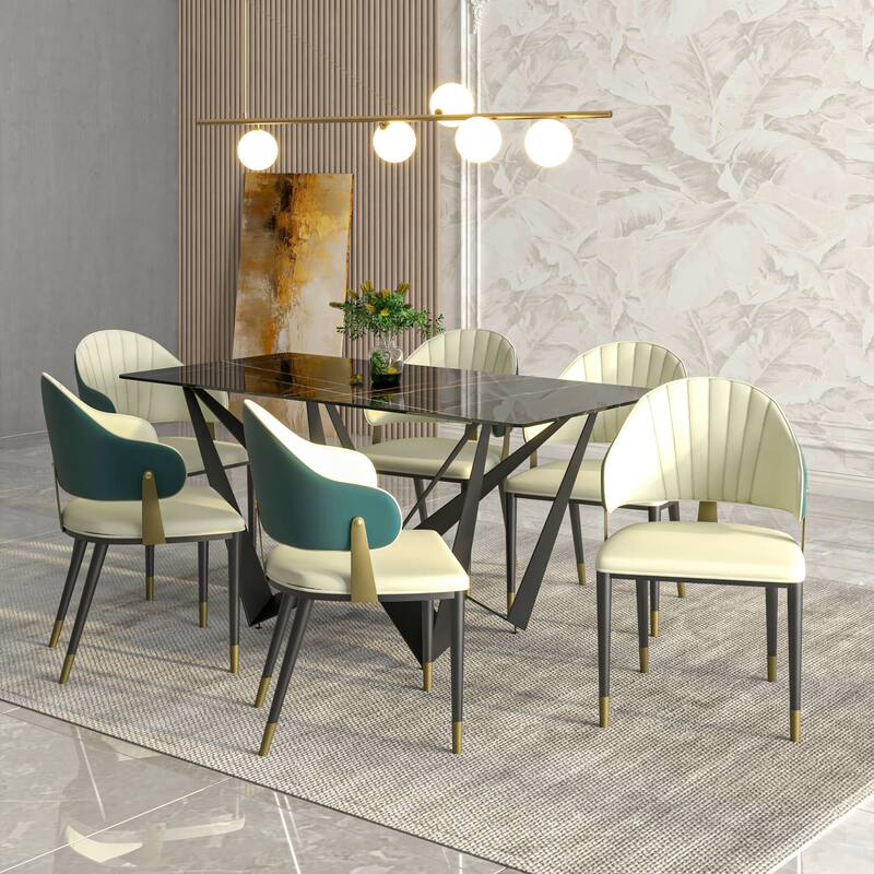 Leather Dining Chair in Iron Set of 4 with Gold Accents Design Modern Ergonomic Side Arm Chair