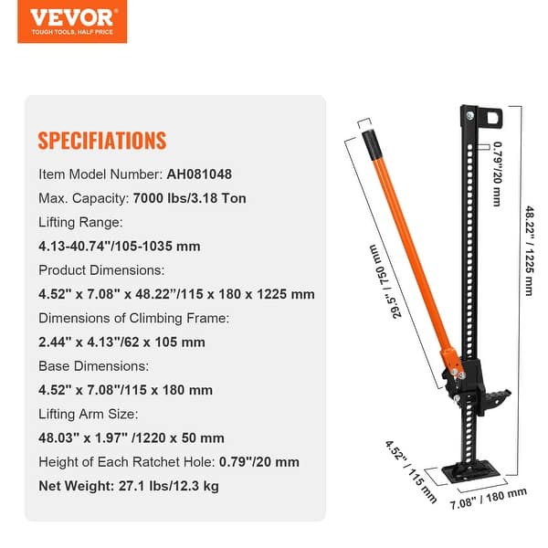 60" High Lift Farm Jack - 3.5 Ton (7000lb) Capacity, Ratcheting, For Off-Road, Tractor, Truck