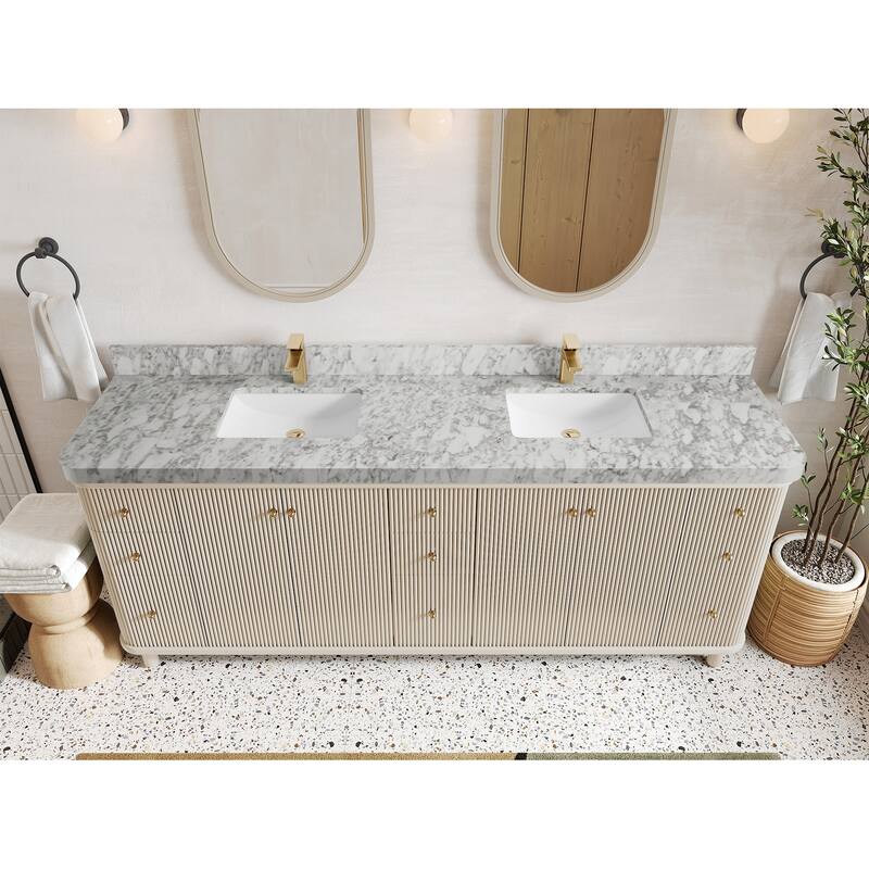 Willow Collections 84 in. W x 22 in. D Reeded Miami Double Bowl Sink Bathroom Vanity with Countertop - 2”Carrara Marble - Fine Grain