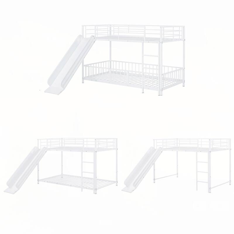 Twin over Twin Size Metal Bunk Bed with Slide and Guardrails