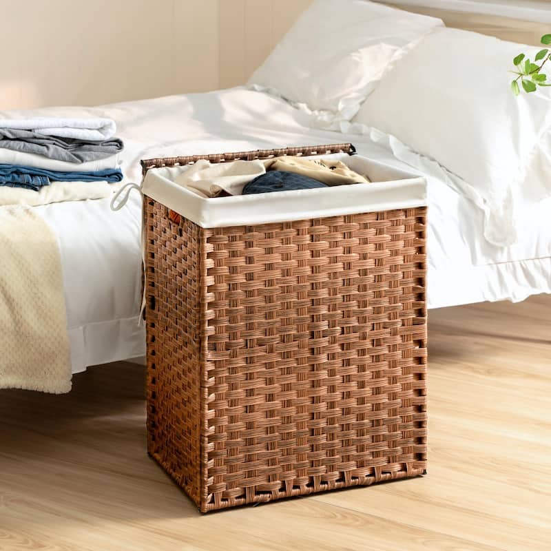 Laundry Hamper with Lid, 100L Wicker Laundry Baskets with 2 Removable Liner Bags - 18"Lx13.5"W x24"H - Brown