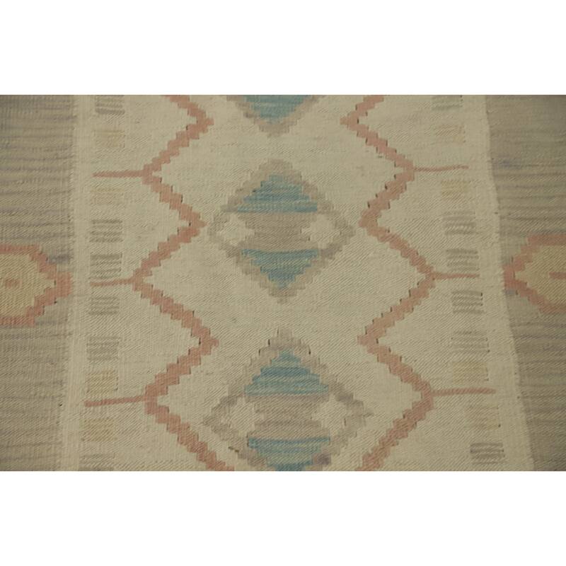 Hand Woven Oriental 100% Wool Carpet Southwestern Tribal Beige & Ivories Kilim Runner Rug - 9' 5'' X 2' 8''