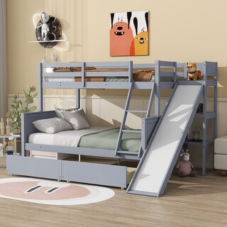 Twin over Full Bunk Bed with 2 Drawers, Slide, Shelves, Ladder, Rubber Wood Bunk Bed with Slide, Drawers