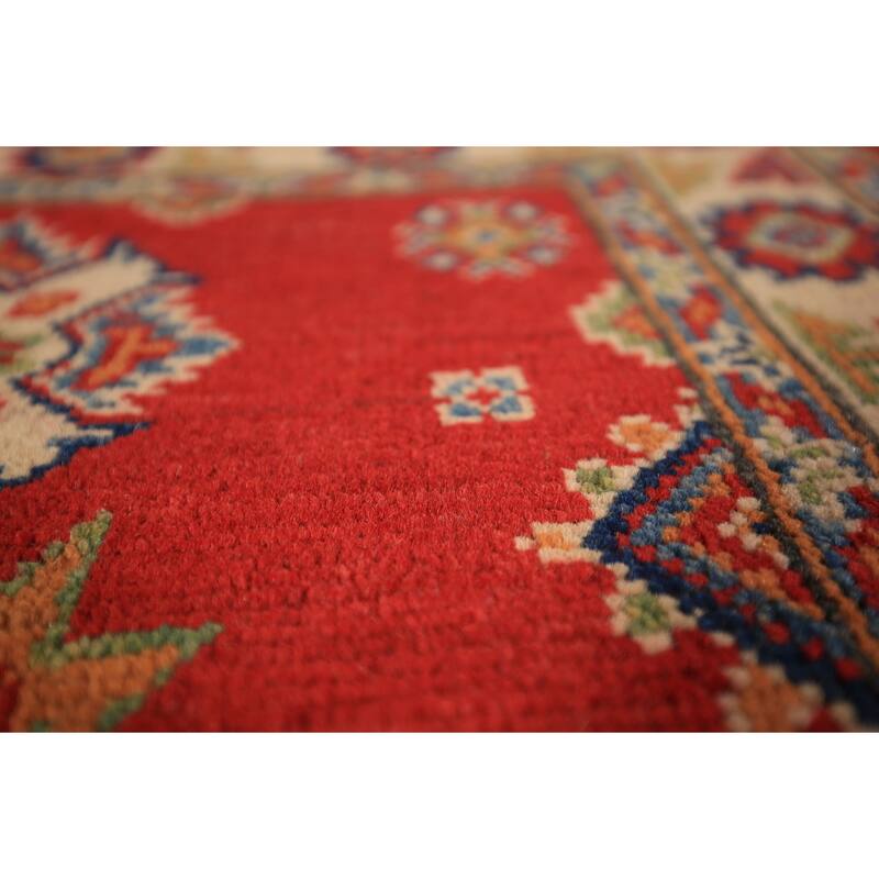 Geometric Red Kazak Foyer Rug Hand-Knotted Traditional Wool Carpet - 2'0" x 3'0"