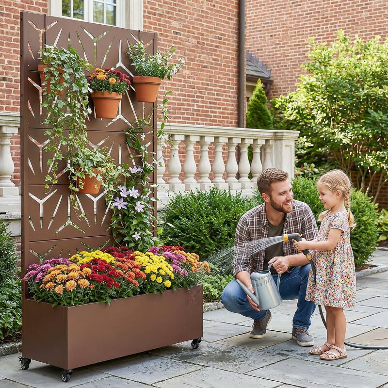Metal Galvanized Planter Box with Trellis Privacy Screen Lockable Wheels