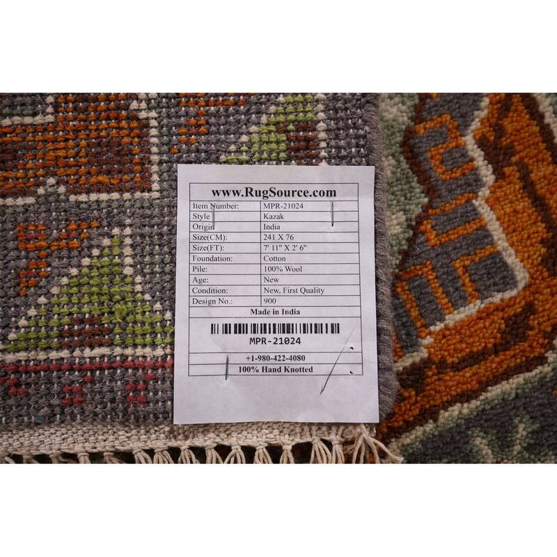 Geometric Kazak Oriental Runner Rug Handmade Wool Carpet - 2'6" X 7'11"