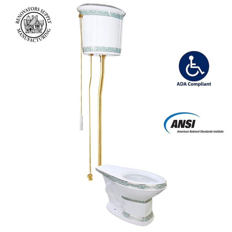 High Tank Toilet - White Ceramic Toilet Brass L Pipe and Elongated White Bowl Renovators Supply - White