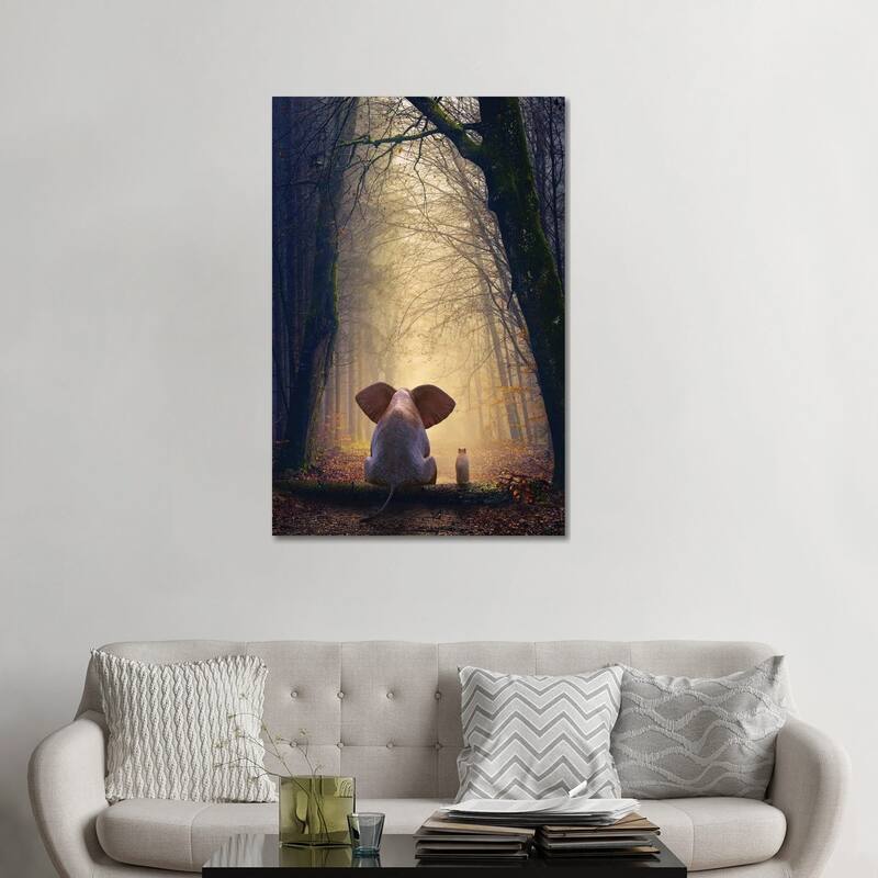 iCanvas "Elephant And Dog Sit In The Autumn Forest" by Mike Kiev Canvas Print - 48x32x1.5