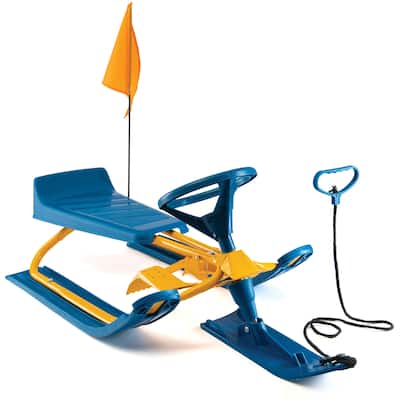 Machrus Frost Rush Snow Sled with Steering Wheel, Twin Brakes, Pull Rope & Safety Flag - Winter Racer Snow Sled for Kids