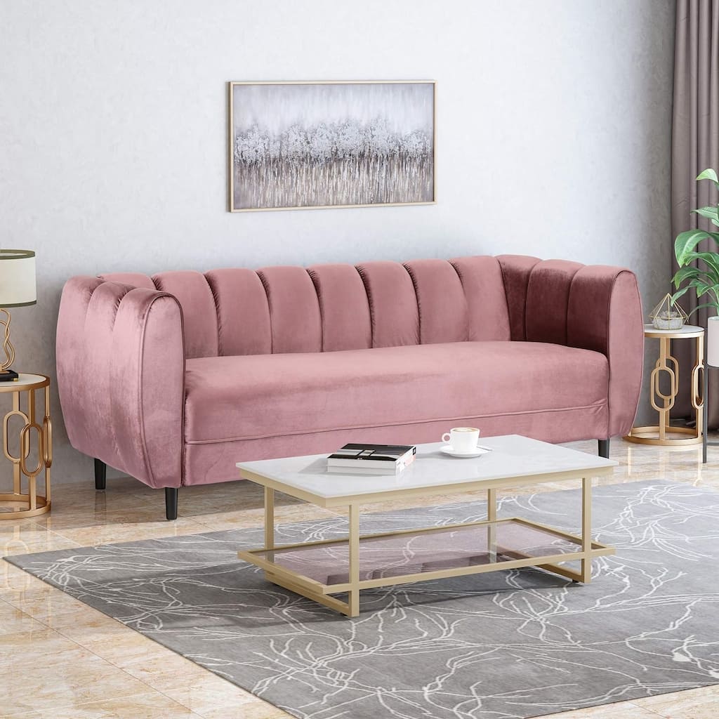 Blush 83.25" Velvet Channel Tufted 3-seater Sofa with Birch Wood Legs for Living Room