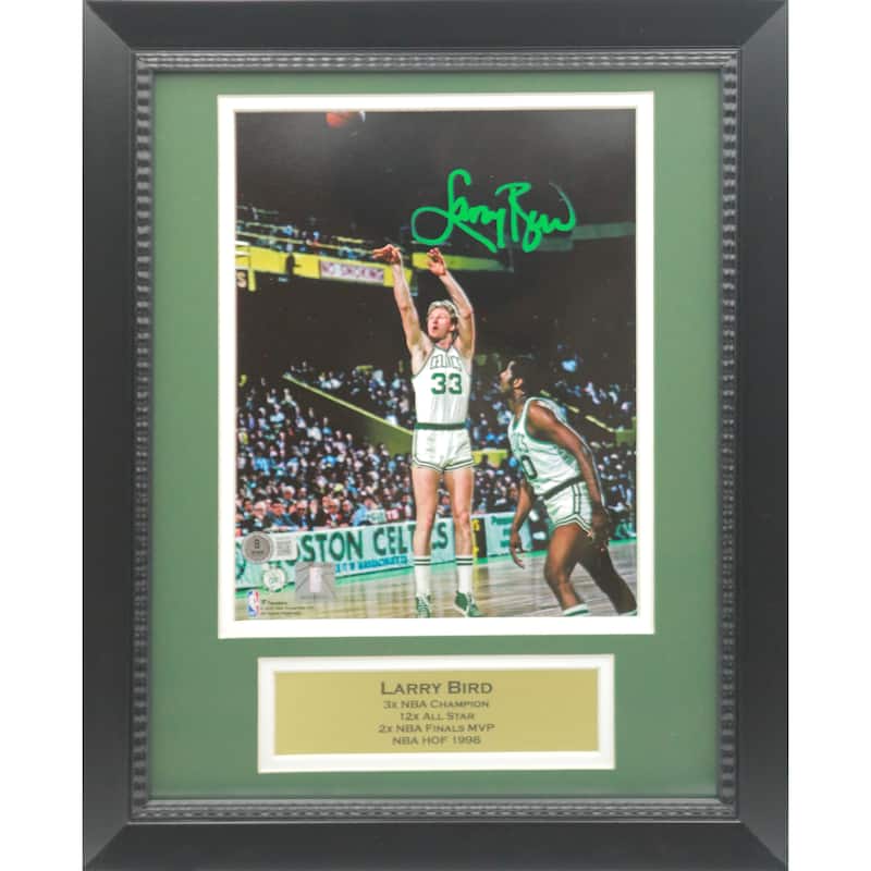 Larry Bird Autographed Boston Celtics Shooting Basketball Signed 8x10 Framed Photo Beckett COA - 8'6" x 11'6"