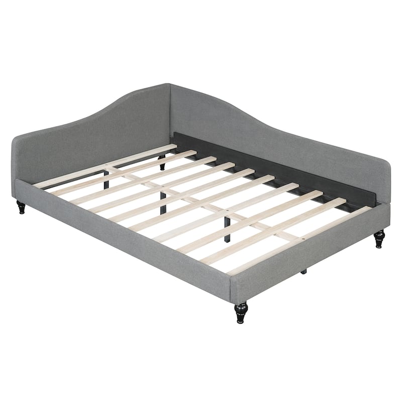 L-Shaped Daybed Linen Upholstered Wood Slat Bed with Solid Wood Legs and Curved Armrest & Backrest for Bedroom Living Room