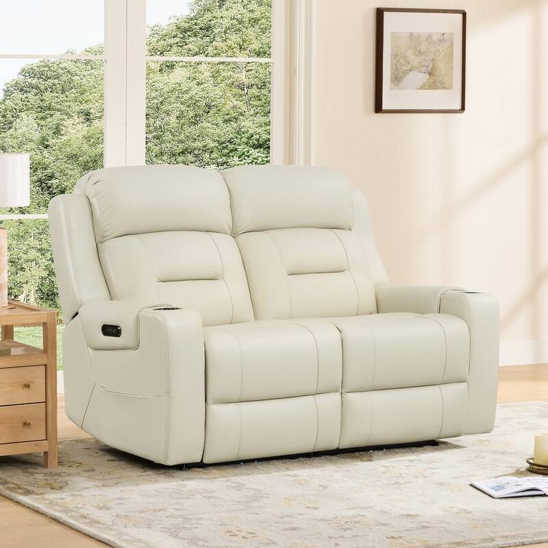 Spruce & Spring Genuine Leather Power Reclining Sofa with Wireless Charging - 2PC - Cream