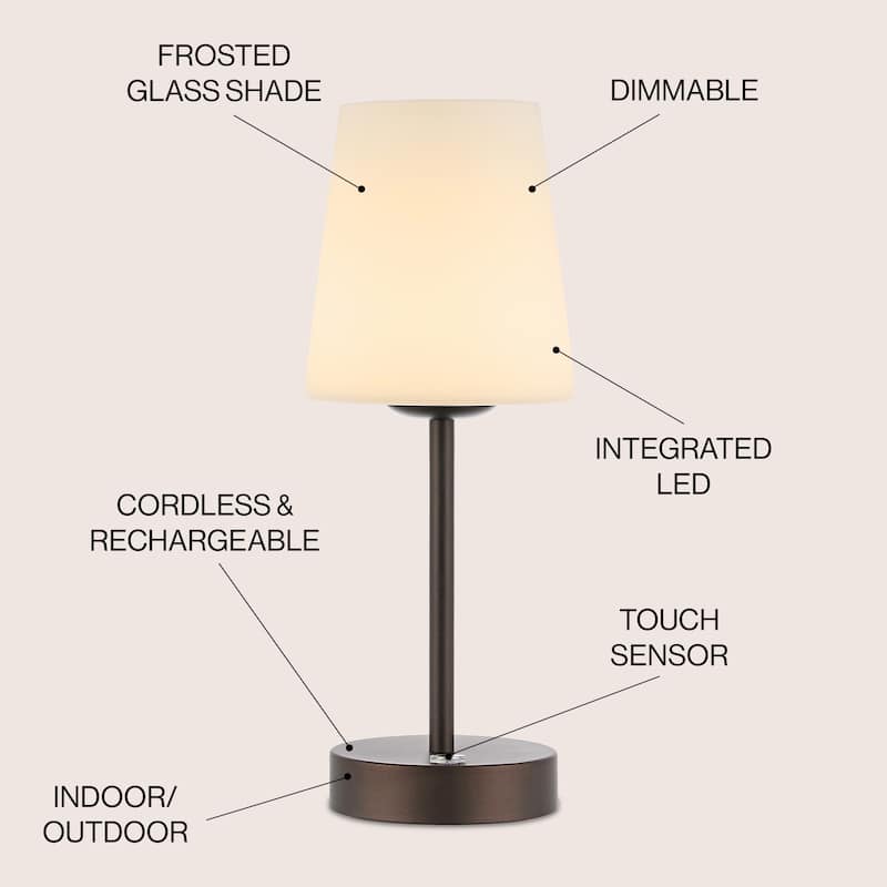 Eli 12.75" Modern Minimalist Iron Wireless Rechargeable Integrated LED Table Lamp, Nickel/White by JONATHAN Y