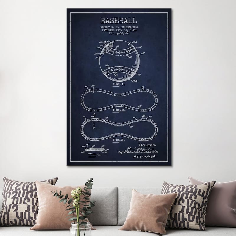 iCanvas "Baseball Navy Blue Patent Blueprint" by Aged Pixel Canvas Print