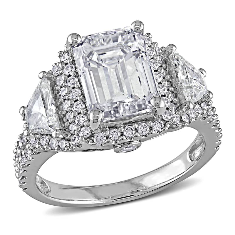 Miadora 3 3/4ct TDW Emerald Cut, Trapezoid and Round Diamond Halo Engagement Ring in 14k White Gold